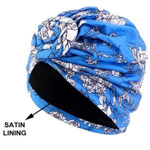 Blue Floral Turban Head Wraps Silk Satin Lined Sleep cap beanie hat gift